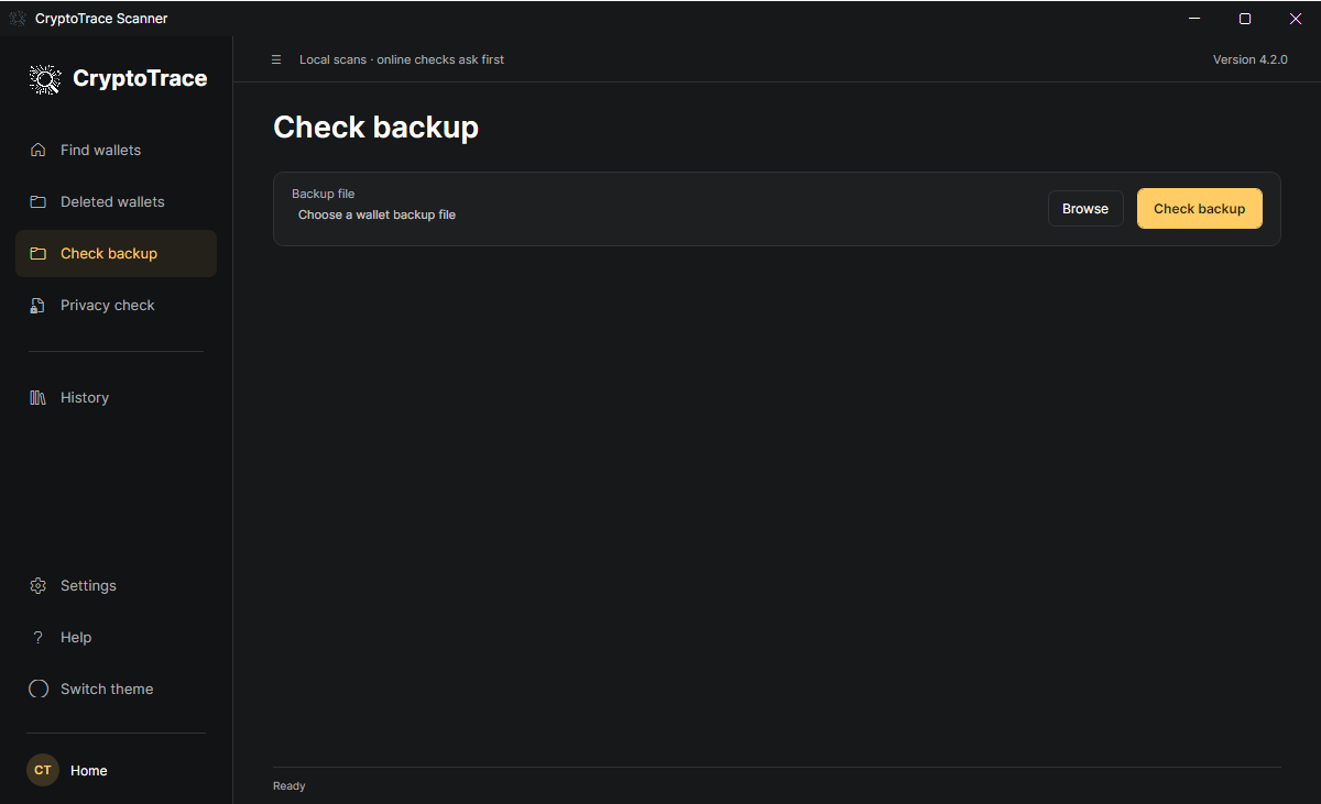 CryptoTrace 4.2.0 Check backup: read-only backup inspection controls