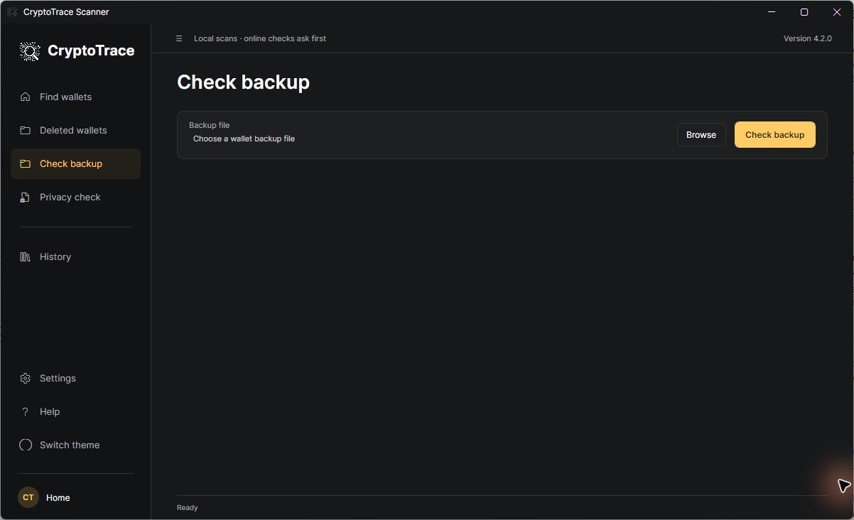 CryptoTrace 4.2.0 Check backup: read-only backup inspection controls