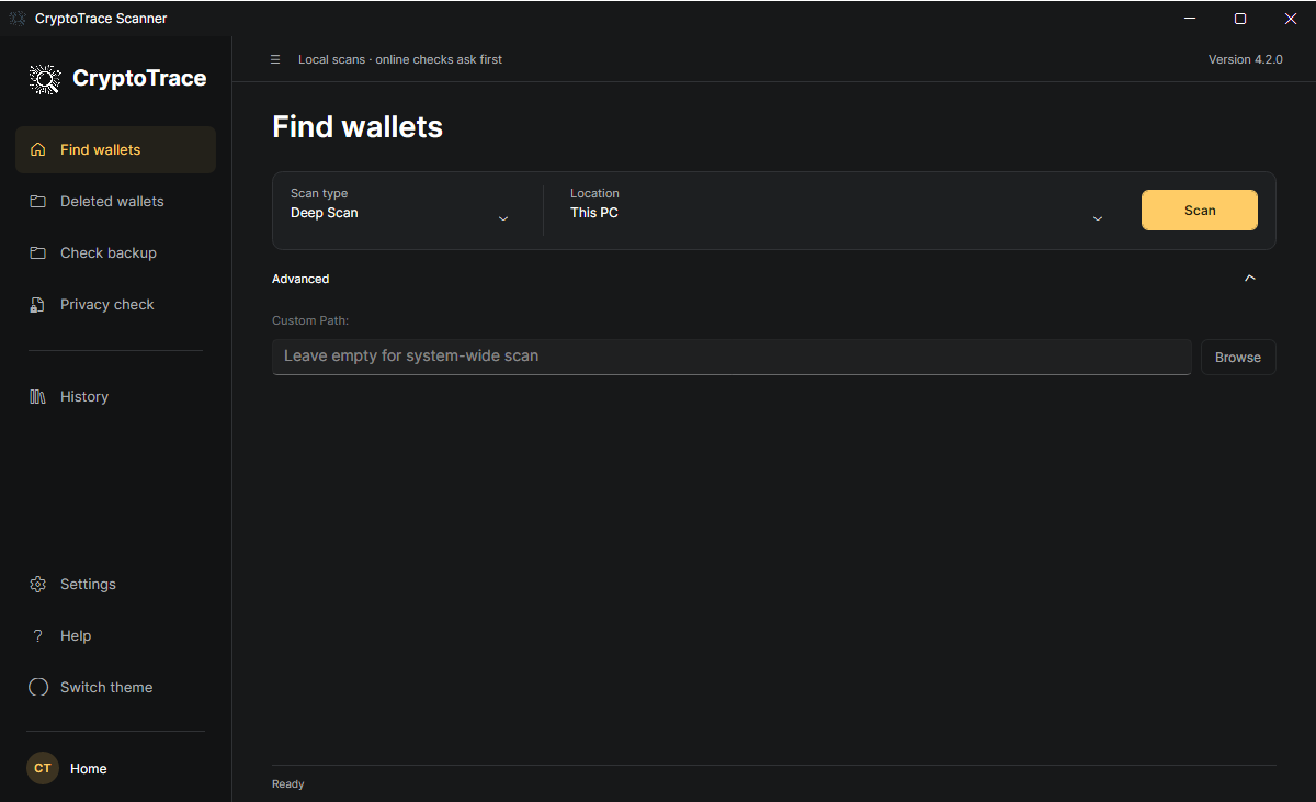CryptoTrace 4.2.0 Find wallets with Advanced open for a custom drive or folder