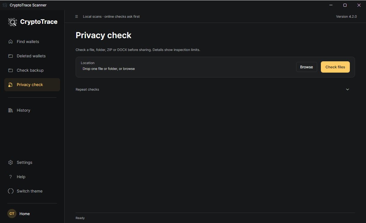 CryptoTrace 4.2.0 Privacy check: local file and folder inspection controls