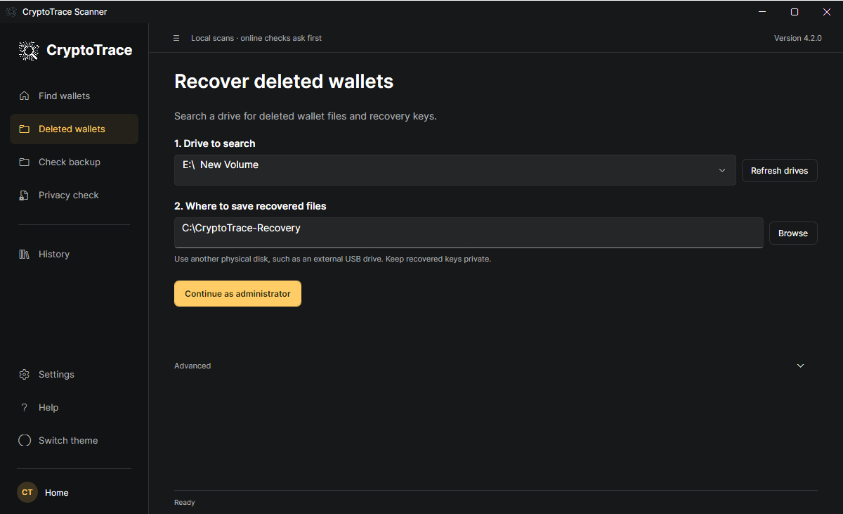 CryptoTrace 4.2.0 Deleted wallets: physical drive selection and a separate output disk
