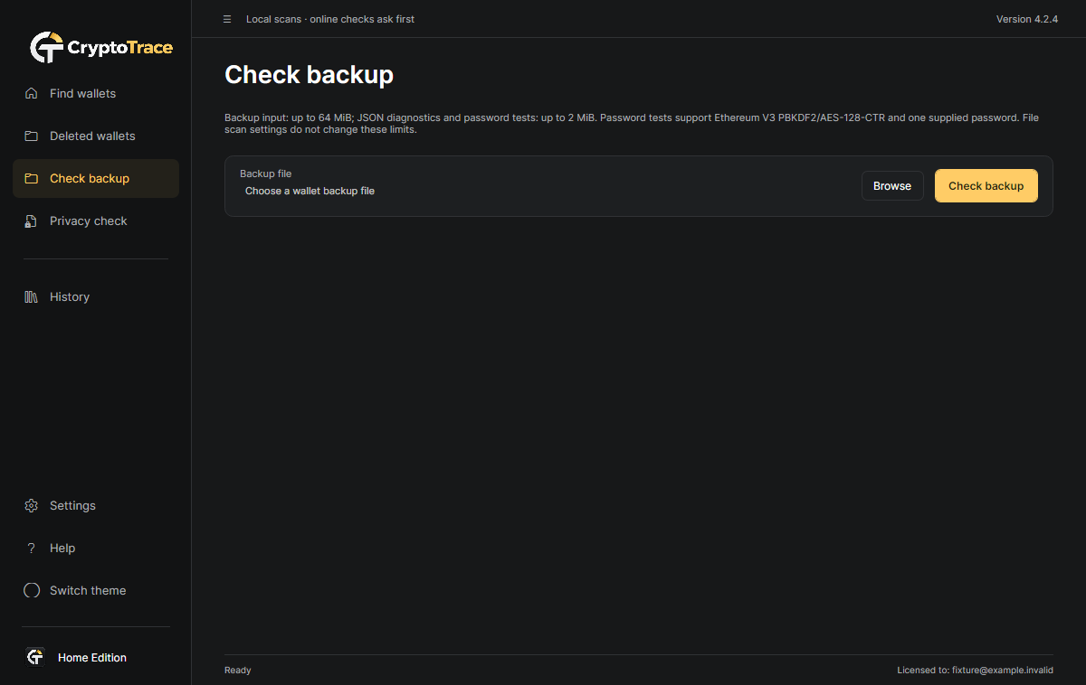 CryptoTrace 4.2.4 Check backup: read-only backup inspection controls