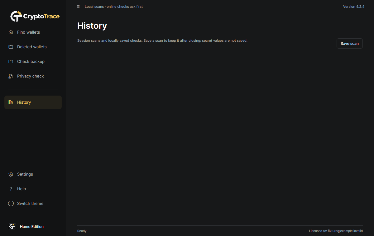 CryptoTrace 4.2.4 History: session scans and locally saved checks