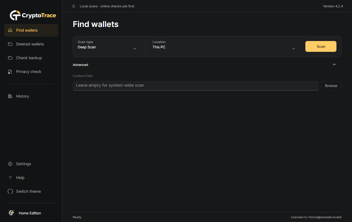 CryptoTrace 4.2.4 Find wallets with Advanced open for a custom drive or folder