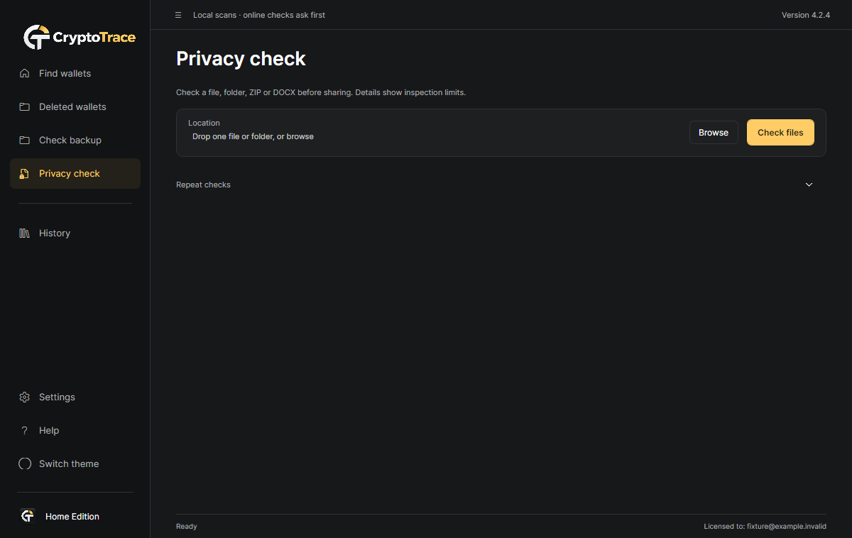 CryptoTrace 4.2.4 Privacy check: local file and folder inspection controls
