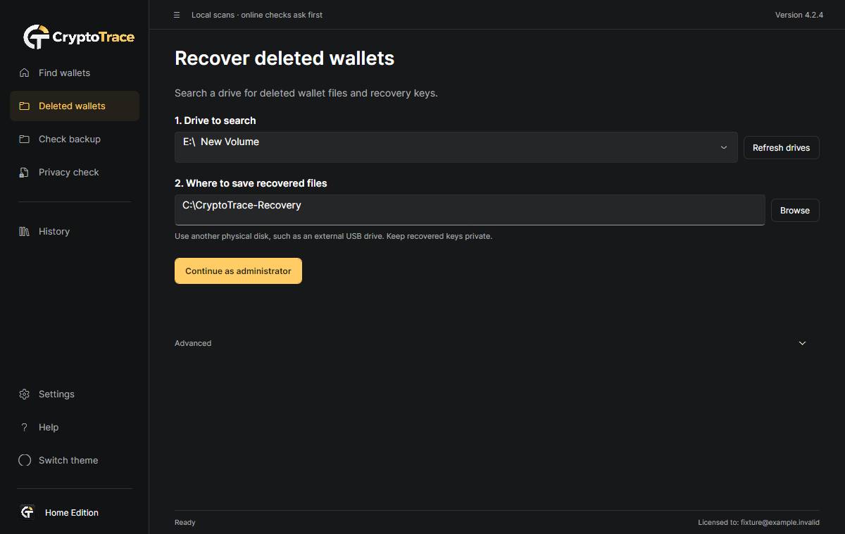 CryptoTrace 4.2.4 Deleted wallets: physical drive selection and a separate output disk