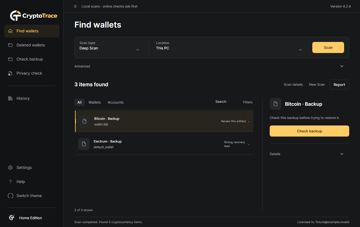 CryptoTrace 4.2.4 illustrative demo scan results with findings, confidence and recovery guidance
