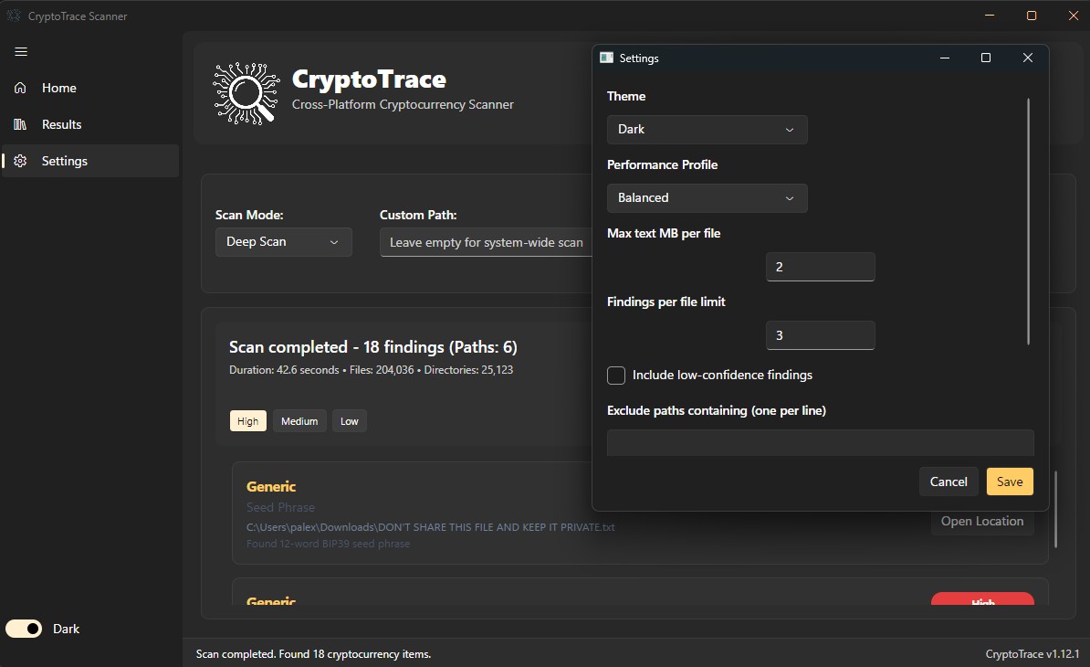 CryptoTrace results and settings